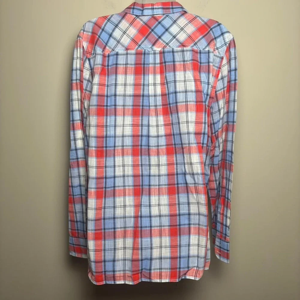 JCrew Blue Red Plaid Gauze Popover Long Sleeve Half Button Shirt Blouse Women XL